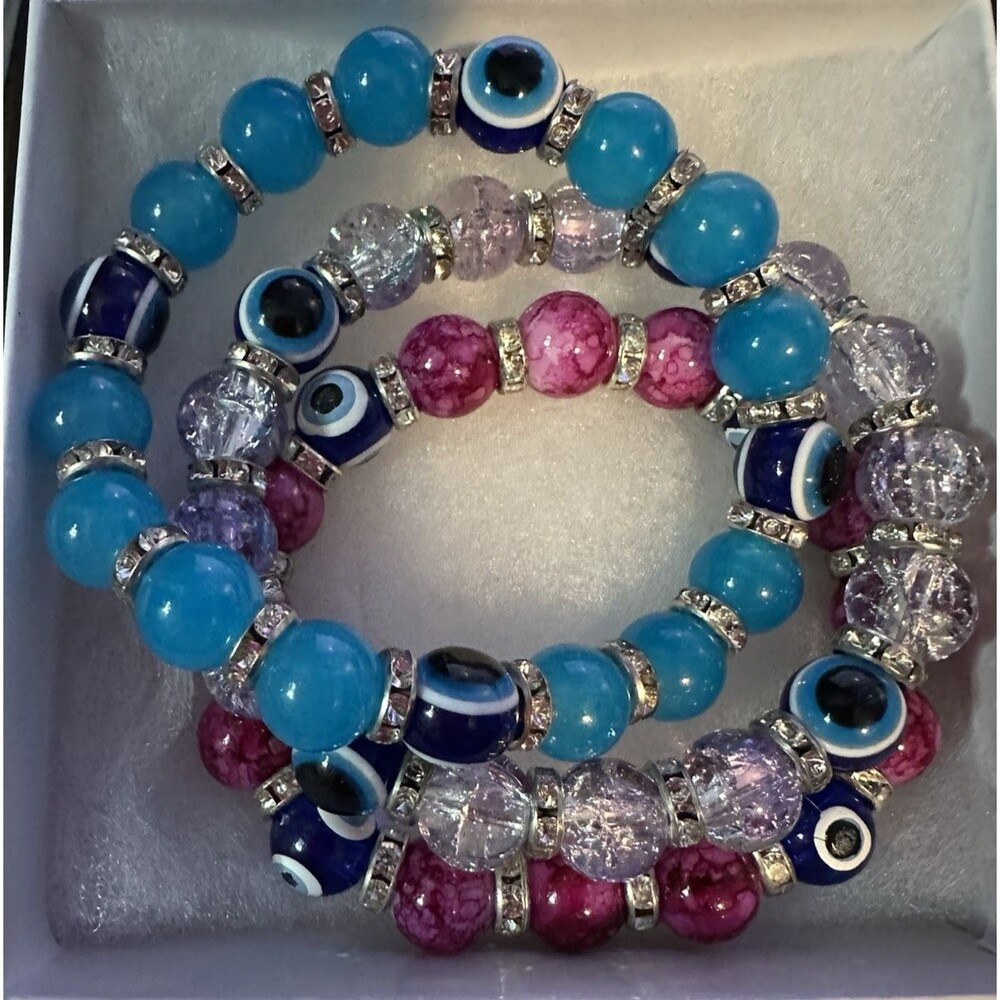 Evil Eye Bracelet Stack Set Blue Pink Clear Stretch Bracelets From Greece New